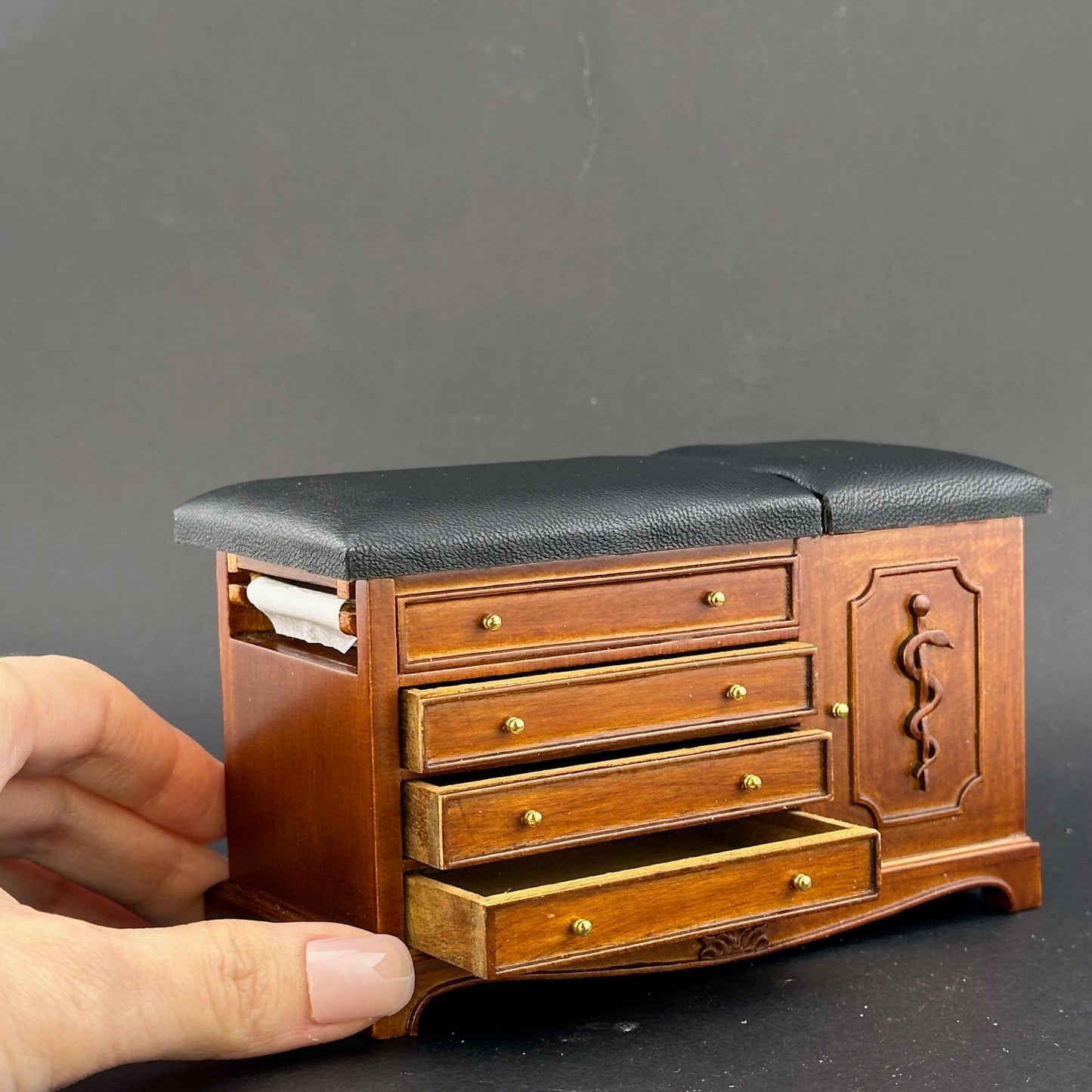 Walnut Miniature 1:12 Scale Doctor’s Exam Bed – A Wooden Medical Table with Drawers, Adjustable Backrest, Stirrups, and Hidden Step Stool