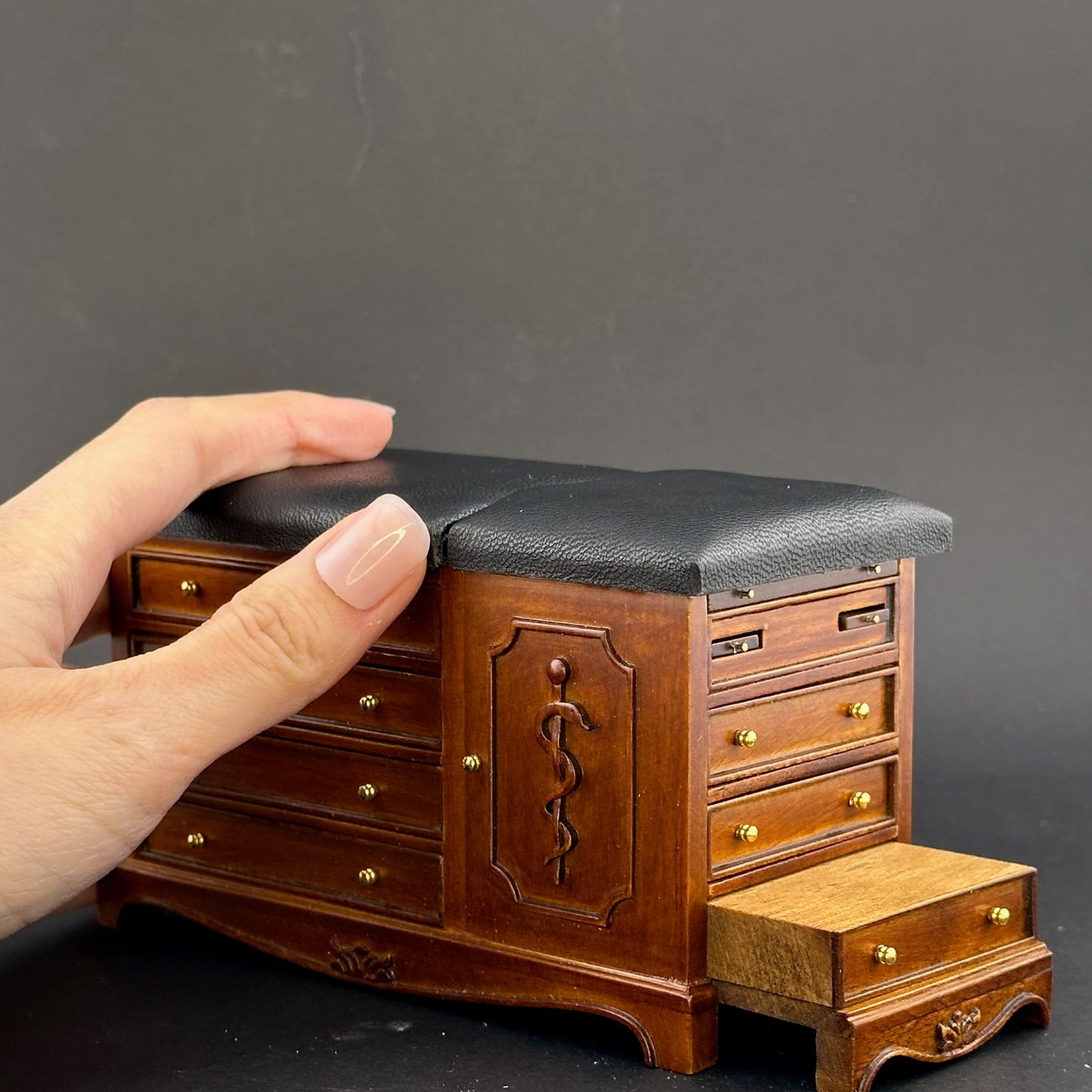 Walnut Miniature 1:12 Scale Doctor’s Exam Bed – A Wooden Medical Table with Drawers, Adjustable Backrest, Stirrups, and Hidden Step Stool