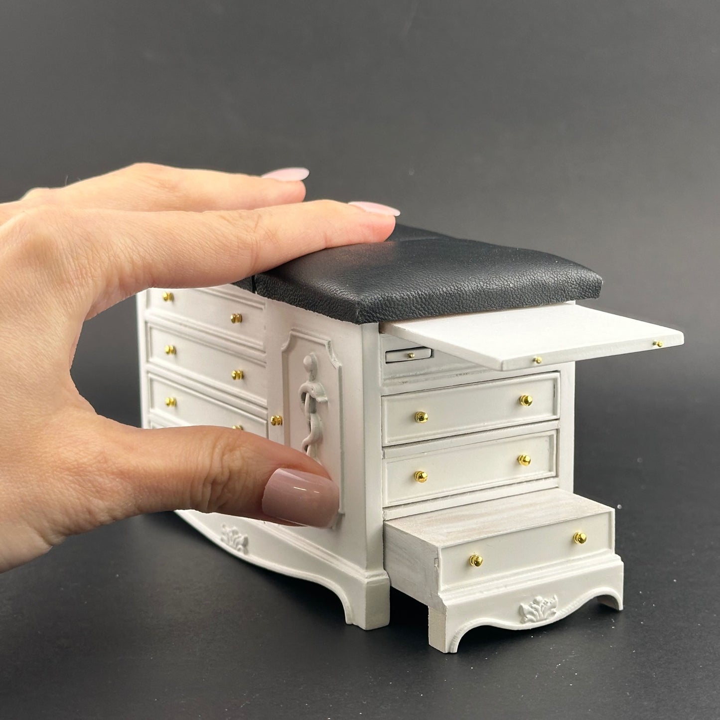 White Miniature 1:12 scale Doctor’s Exam Bed – Wooden Medical Table with Drawers, Adjustable Backrest, stirrups & Hidden Step Stool
