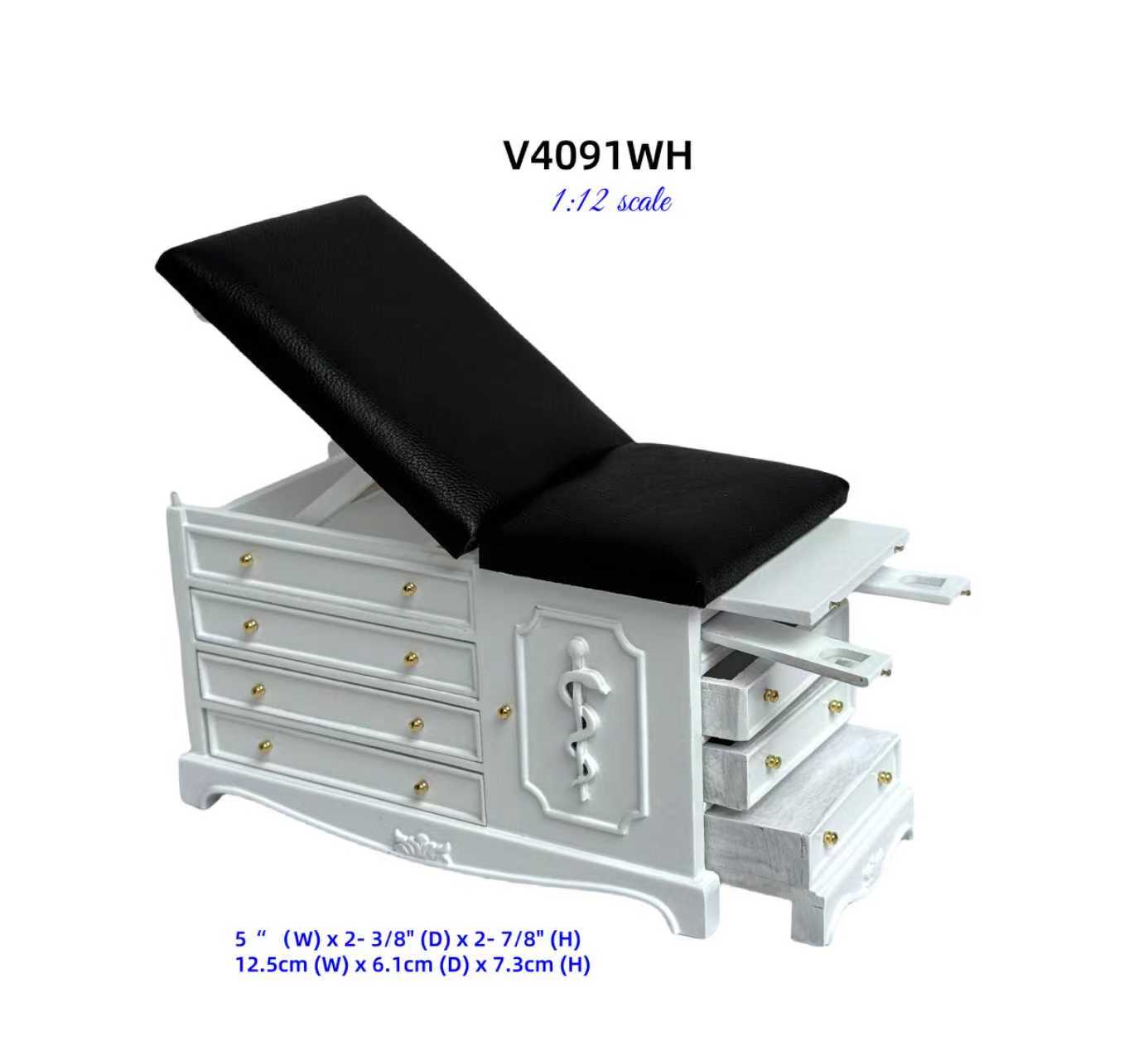White Miniature 1:12 scale Doctor’s Exam Bed – Wooden Medical Table with Drawers, Adjustable Backrest, stirrups & Hidden Step Stool