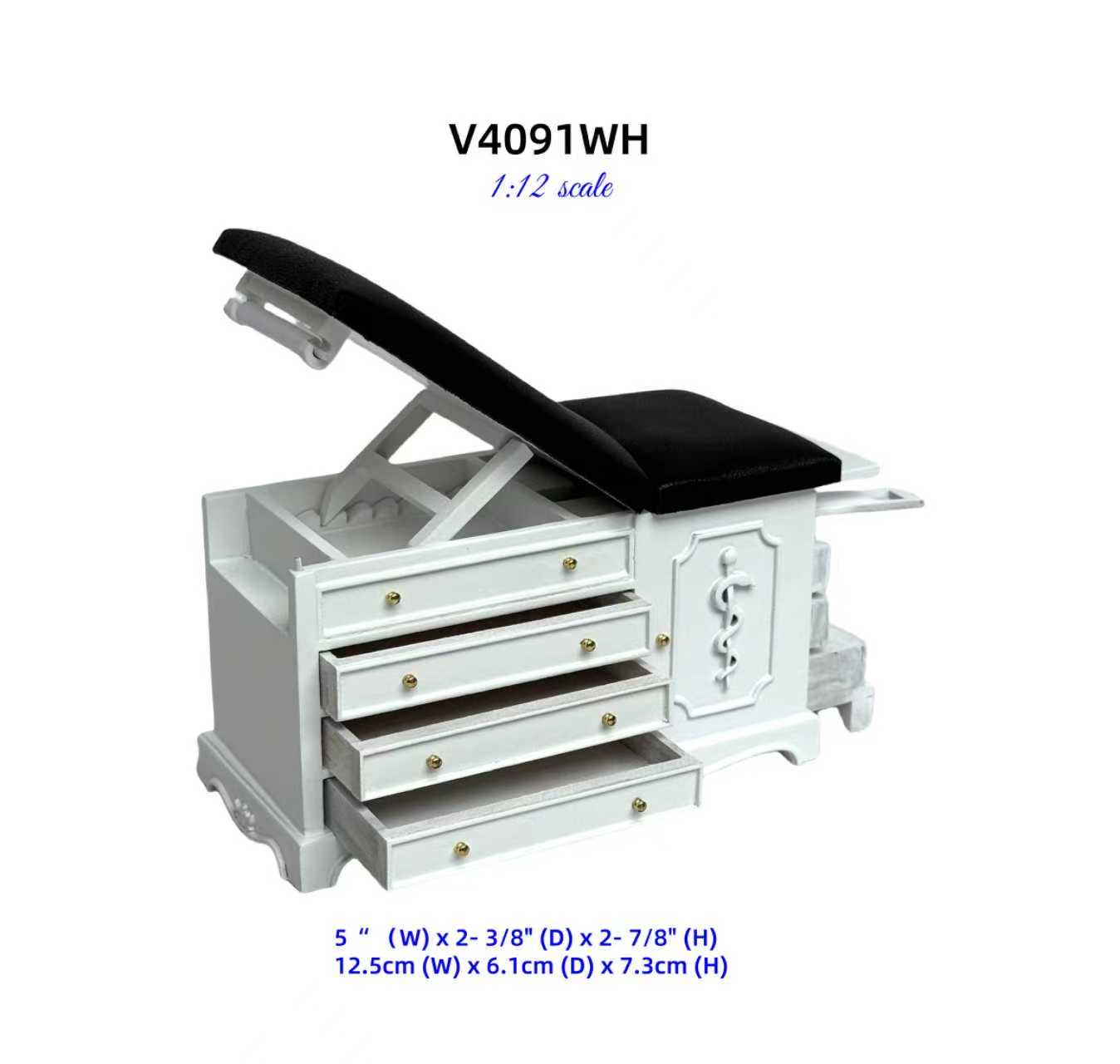 White Miniature 1:12 scale Doctor’s Exam Bed – Wooden Medical Table with Drawers, Adjustable Backrest, stirrups & Hidden Step Stool