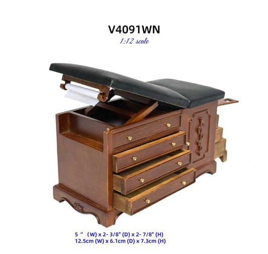 Walnut Miniature 1:12 Sxale Doctor’s Exam Bed – Wooden Medical Table with Drawers, Adjustable Backrest, stirrups & Hidden Step Stool