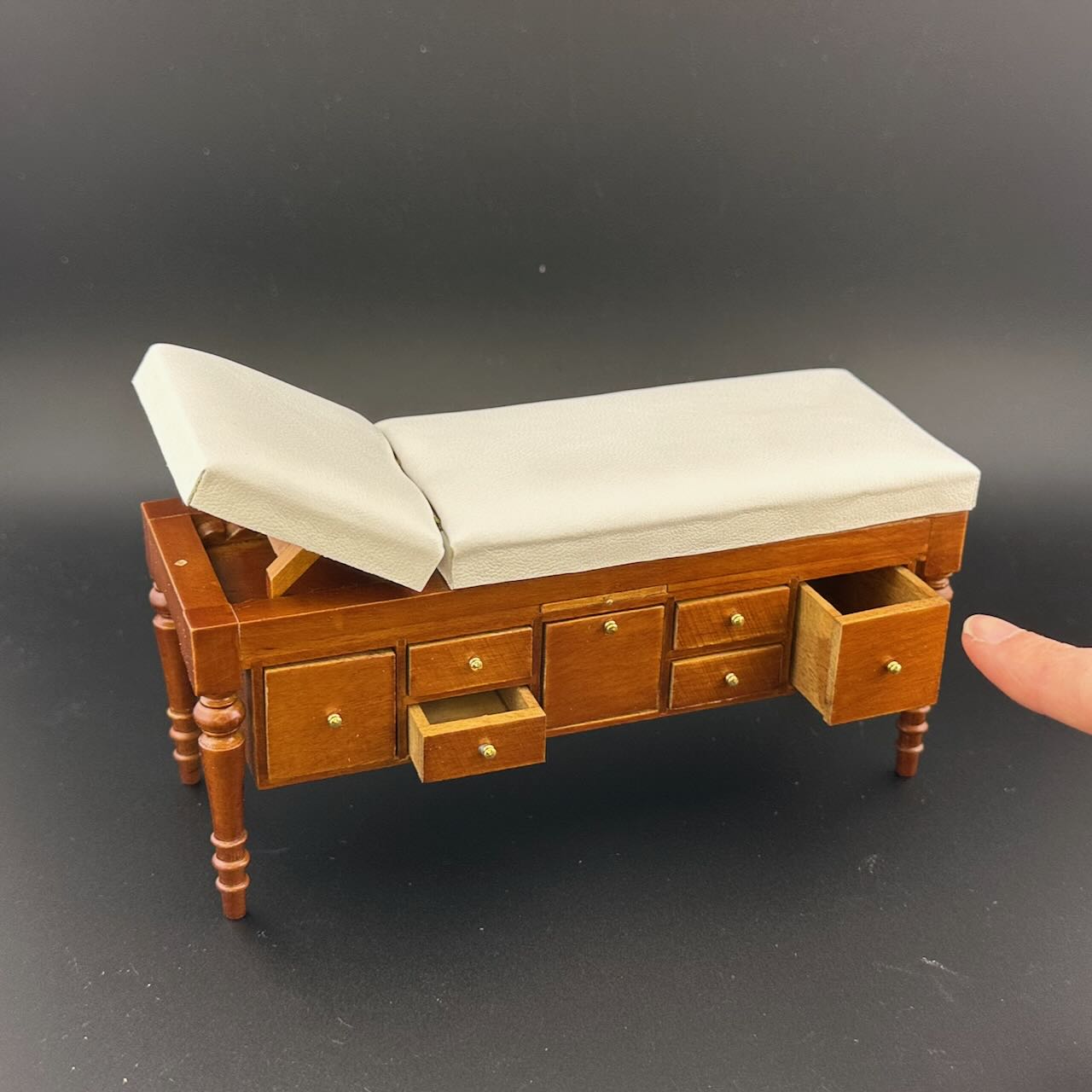 Miniature 1:12 Walnut Doctor’s Exam Couch – Adjustable Headrest, Storage Drawers, White Leather – Dollhouse Medical Furniture