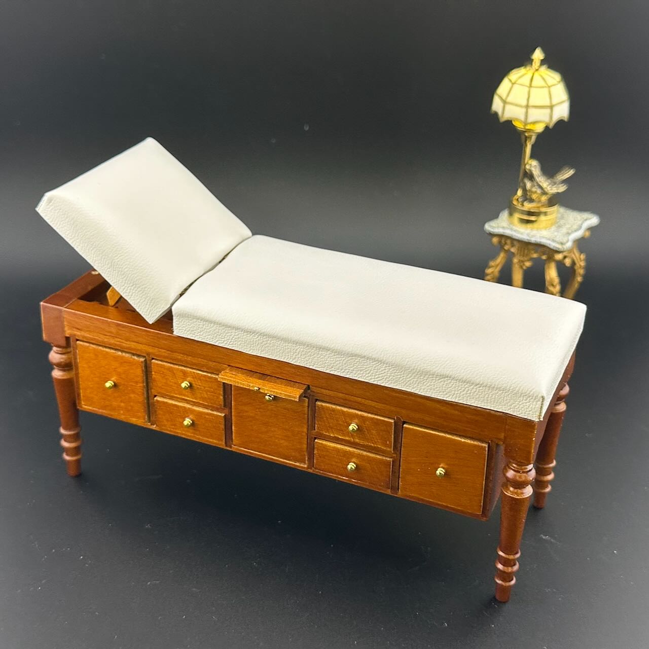 Miniature 1:12 Walnut Doctor’s Exam Couch – Adjustable Headrest, Storage Drawers, White Leather – Dollhouse Medical Furniture
