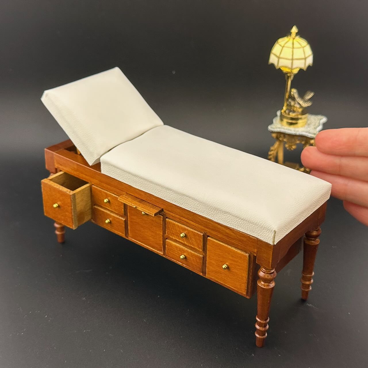 Miniature 1:12 Walnut Doctor’s Exam Couch – Adjustable Headrest, Storage Drawers, White Leather – Dollhouse Medical Furniture