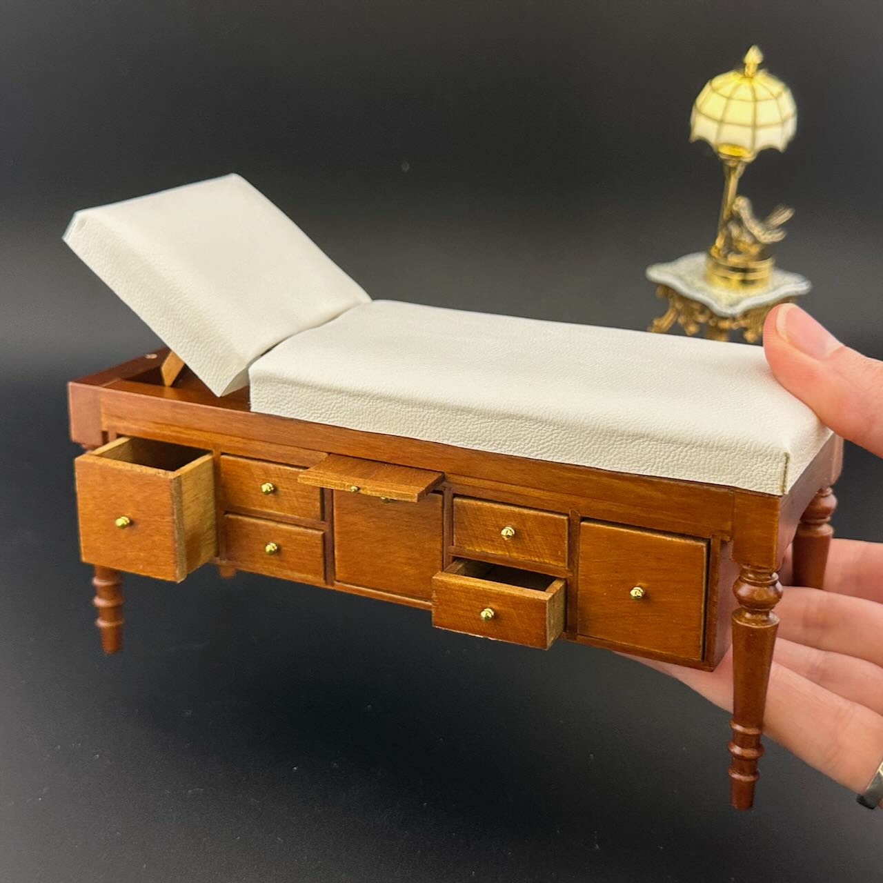 Miniature 1:12 Walnut Doctor’s Exam Couch – Adjustable Headrest, Storage Drawers, White Leather – Dollhouse Medical Furniture