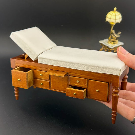 Miniature 1:12 Walnut Doctor’s Exam Couch – Adjustable Headrest, Storage Drawers, White Leather – Dollhouse Medical Furniture