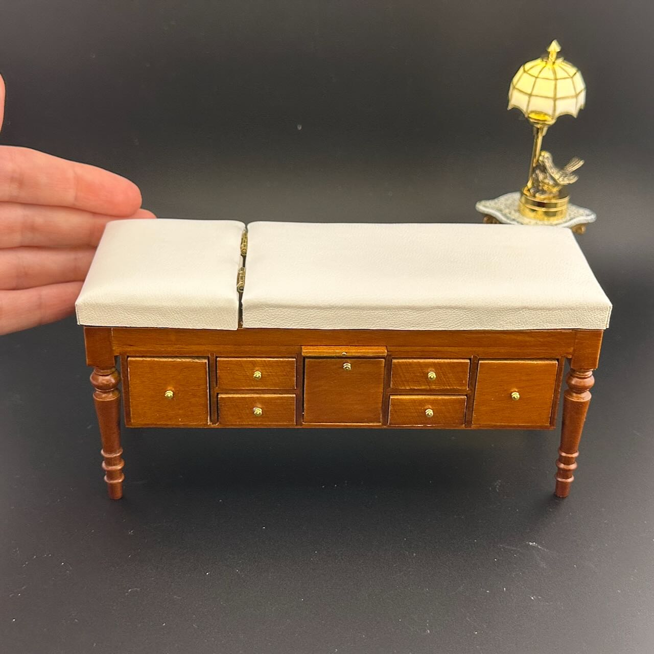 Miniature 1:12 Walnut Doctor’s Exam Couch – Adjustable Headrest, Storage Drawers, White Leather – Dollhouse Medical Furniture