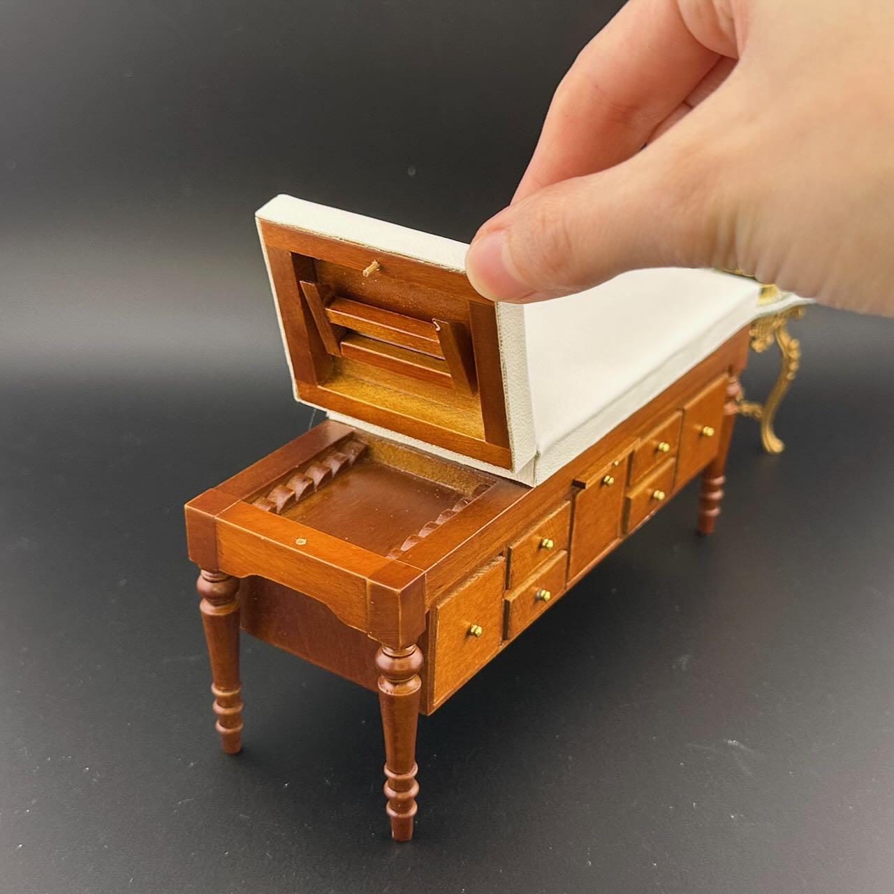 Miniature 1:12 Walnut Doctor’s Exam Couch – Adjustable Headrest, Storage Drawers, White Leather – Dollhouse Medical Furniture