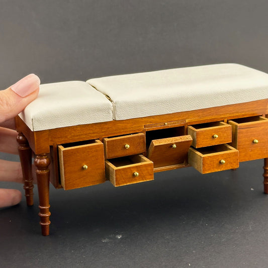 Miniature 1:12 Walnut Doctor’s Exam Couch – Adjustable Headrest, Storage Drawers, White Leather – Dollhouse Medical Furniture