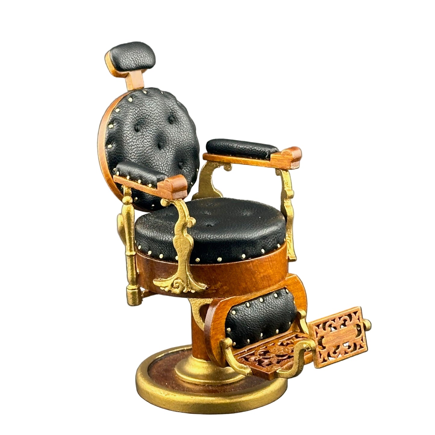 Chaise de barbier miniature élégante, échelle 1:12, pour maison de poupées, avec revêtement en cuir et assise ronde. Excellente qualité.