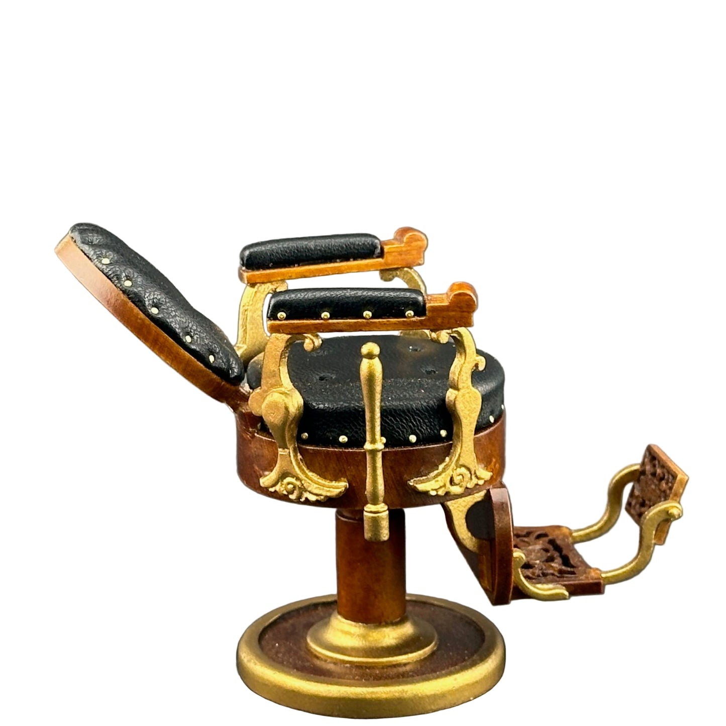 Chaise de barbier miniature élégante, échelle 1:12, pour maison de poupées, avec revêtement en cuir et assise ronde. Excellente qualité.