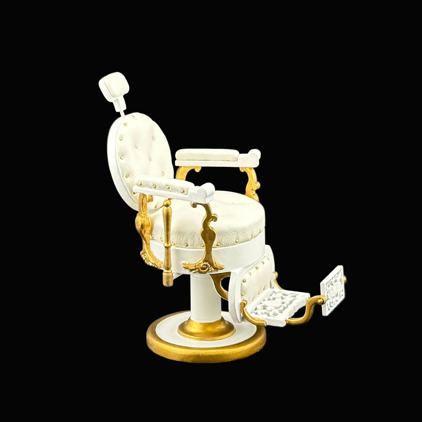 Miniature Elegant barber chair, 1:12 scale for dollhouses, with leather upholstery and round seats. Excellent quality WHITE