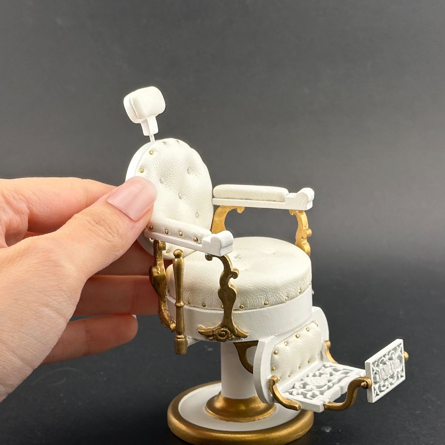 Miniature Elegant barber chair, 1:12 scale for dollhouses, with leather upholstery and round seats. Excellent quality WHITE