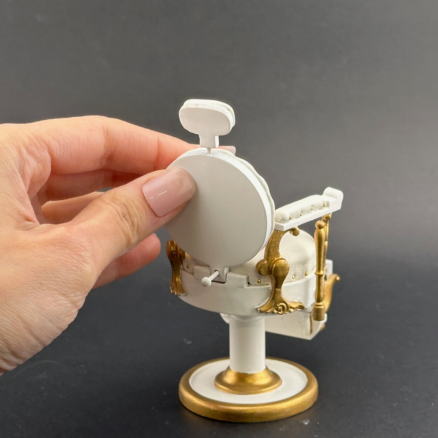 Miniature Elegant barber chair, 1:12 scale for dollhouses, with leather upholstery and round seats. Excellent quality WHITE