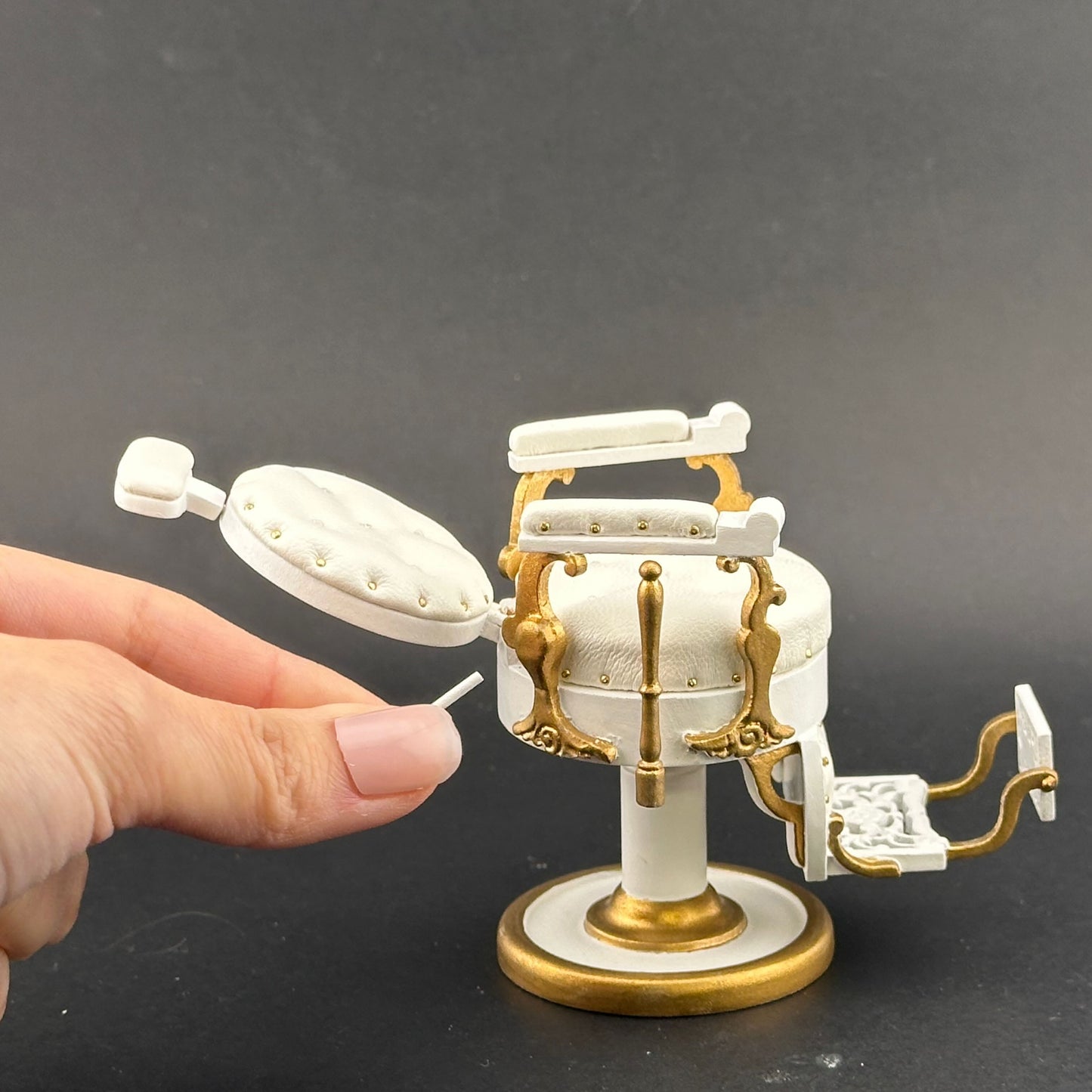 Miniature Elegant barber chair, 1:12 scale for dollhouses, with leather upholstery and round seats. Excellent quality WHITE