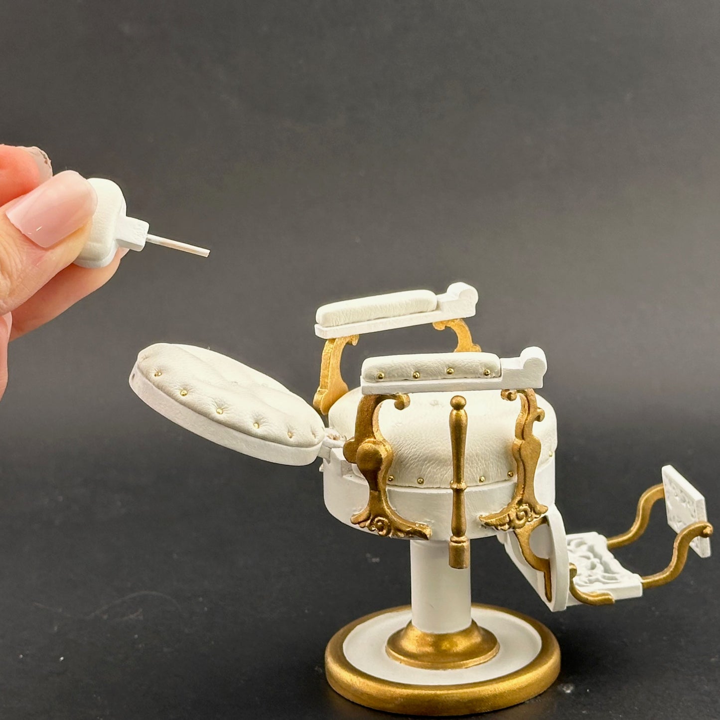 Miniature Elegant barber chair, 1:12 scale for dollhouses, with leather upholstery and round seats. Excellent quality WHITE