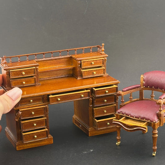 Miniature 1:12 Victorian Desk & Chair Set with Secret Drawers, Gold Bars, Hidden Compartments & Accessories – English 1860 Style