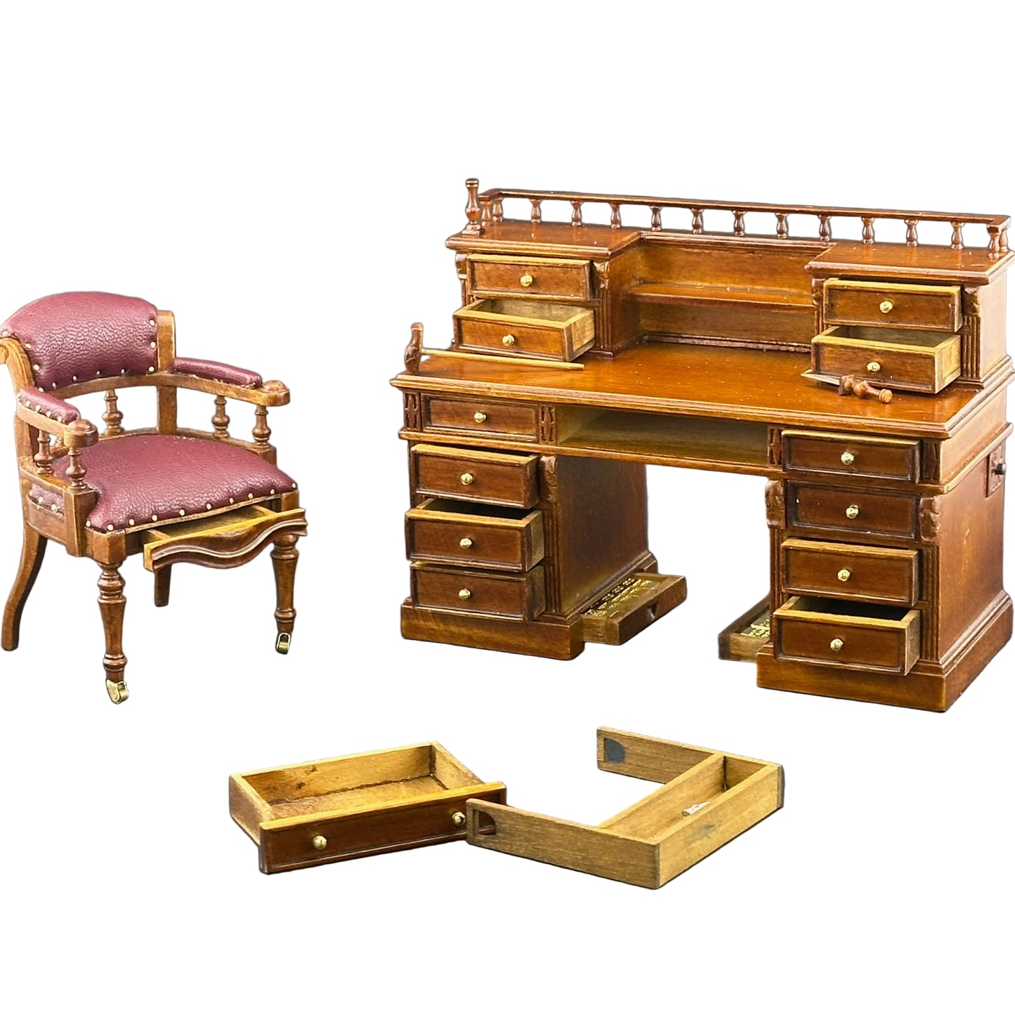 Ensemble bureau et chaise miniature victoriens à l'échelle 1:12 avec tiroirs secrets, lingots d'or, compartiments cachés et accessoires – Style anglais 1860