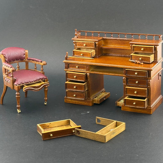 Miniature 1:12 Victorian Desk & Chair Set with Secret Drawers, Gold Bars, Hidden Compartments & Accessories – English 1860 Style