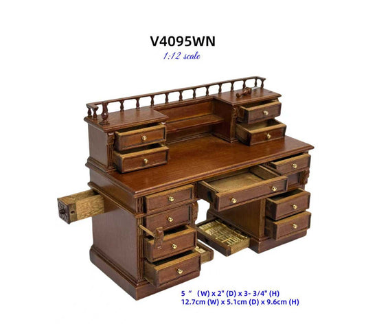 Miniature 1:12 Victorian Desk & Chair Set with Secret Drawers, Gold Bars, Hidden Compartments & Accessories – English 1860 Style