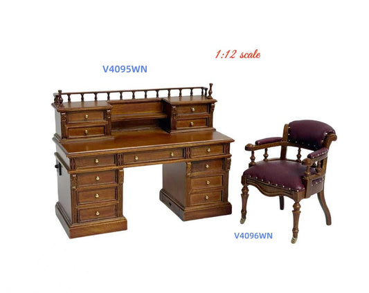 Miniature 1:12 Victorian Desk & Chair Set with Secret Drawers, Gold Bars, Hidden Compartments & Accessories – English 1860 Style