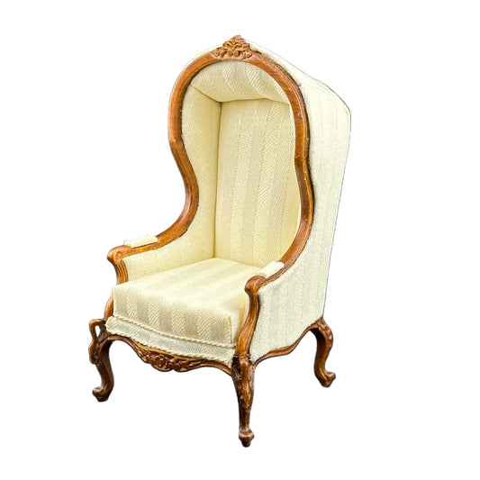 Canopy Chair with Swan Neck Cabriole Legs – 1:12 Scale Dollhouse Miniature, Antique White Striped Upholstery