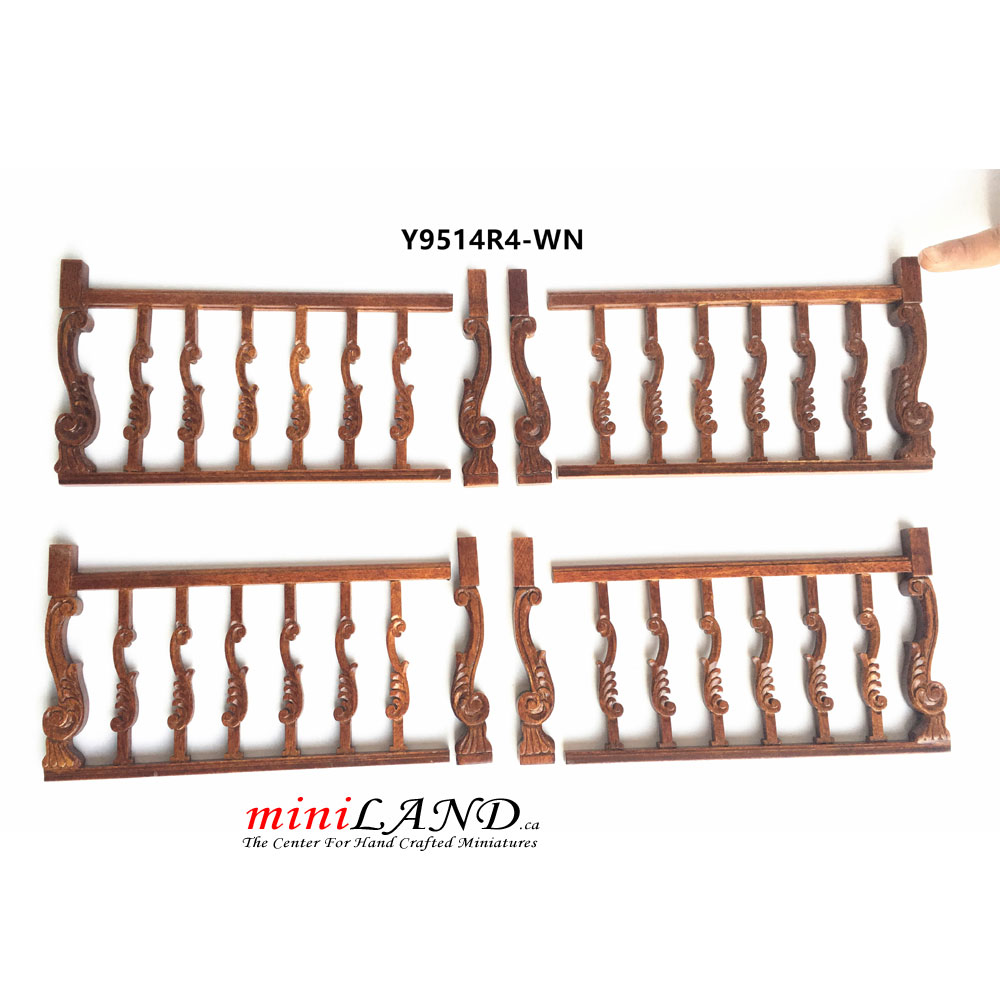 High quality hand crafted wood Baroque railing staircase stairs 4pcs set for 1:12 dollhouse miniature Walnut banister railing