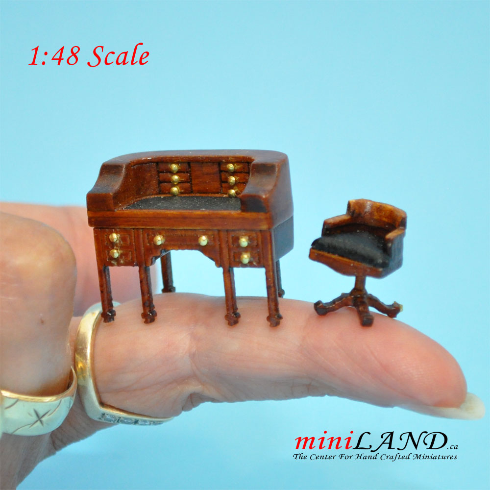1:48 1/4" quarter scale desk and chair set Top quality walnut for dollhouse miniature