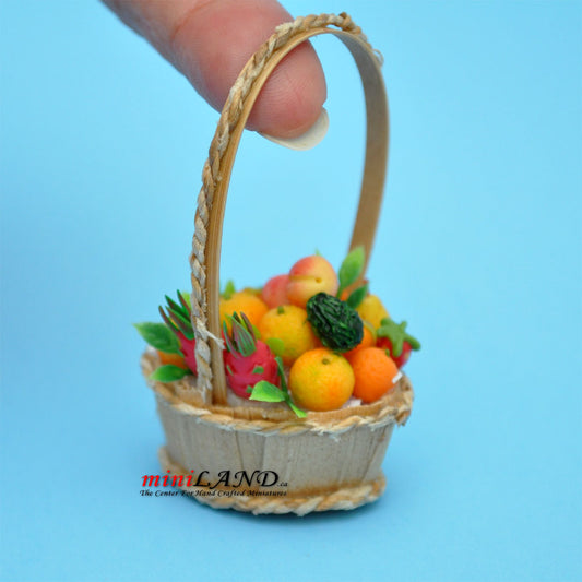 Colorful fruit basket in basket with long handle dollhouse miniature 1:12 scale