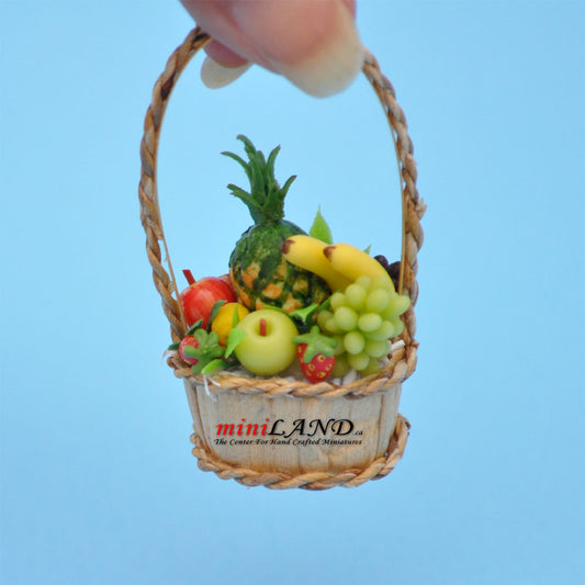 Colourful fruit basket in basket with  handle dollhouse miniature  1:12 scale