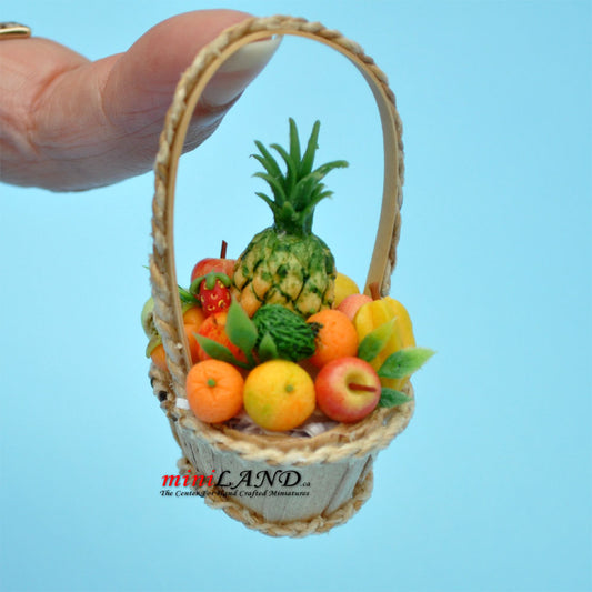 Fruit basket in basket with  handle dollhouse miniature 1:12 scale