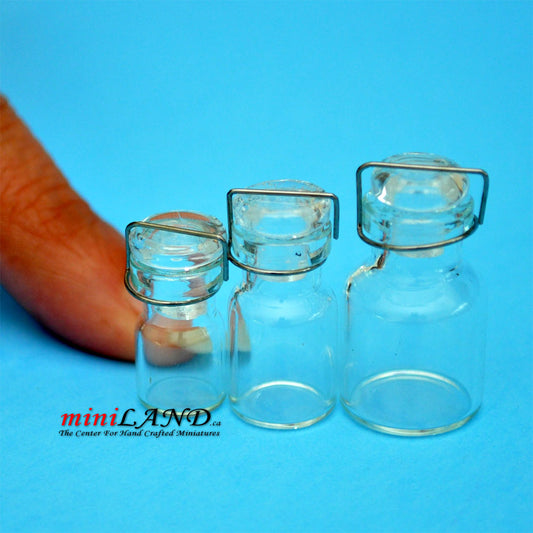 Glass Canning Jars with Wire Bail Doll House Miniatures, pack of 3 sizes.  1:12 scale