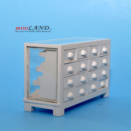 Store haberdasher counter 16 drawers unit Art Deco dollhouse miniature 1:12 scale white 1900-1950 V4031