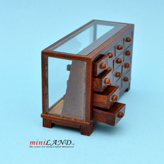 Store haberdasher counter 16 drawers unit Art Deco dollhouse miniature 1:12 scale walnut 1900-1950 V4031