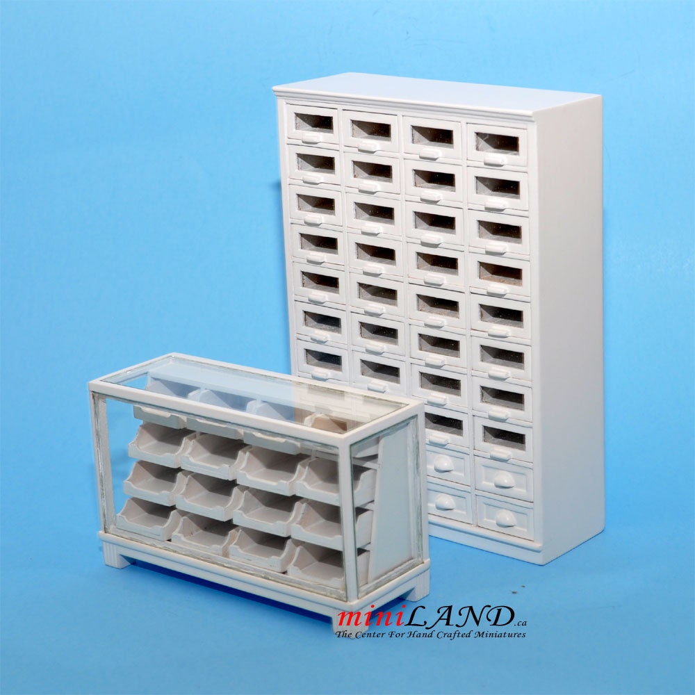Store haberdasher counter 40 drawers unit Art Deco dollhouse miniature 1:12 scale White 1900-1950 V4033
