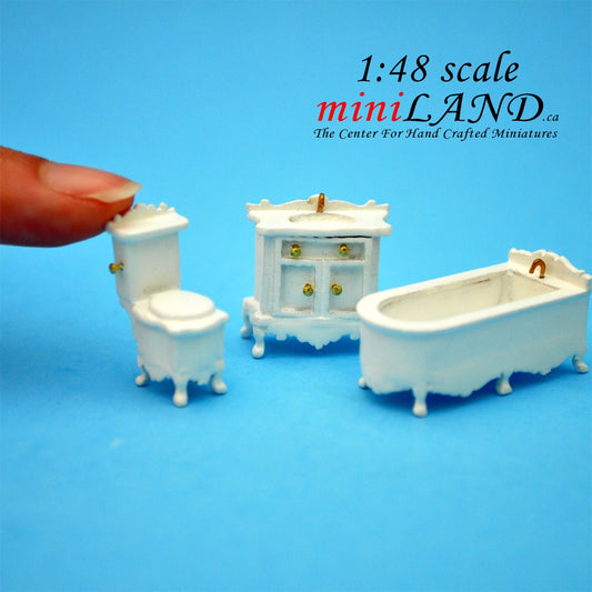 1:48 1/4"  Scale bathroom set Toilet, bathtub, sink 3pcs White 1/48 Top Quality Q1450 WH