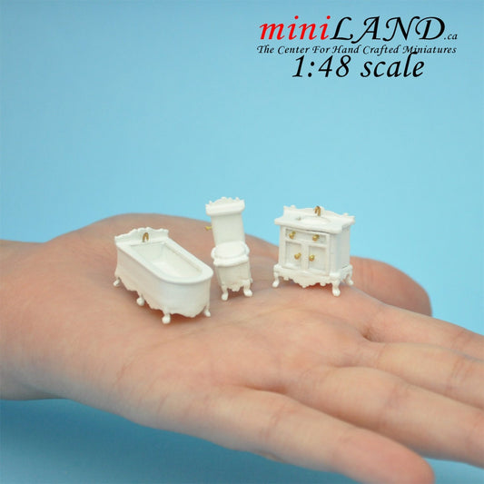 1:48 1/4"  Scale bathroom set Toilet, bathtub, sink 3pcs White 1/48 Top Quality Q1450 WH