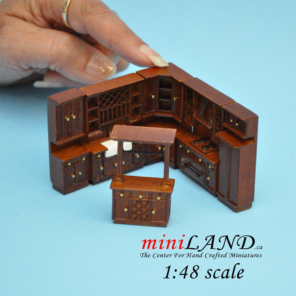 1:48 1/4" quarter scale kitchen set 6pcs wood refrigerator stove sink walnut Q3800SET-NWN