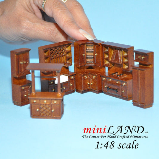 1:48 1/4" quarter scale kitchen set 6pcs wood refrigerator stove sink walnut Q3800SET-NWN