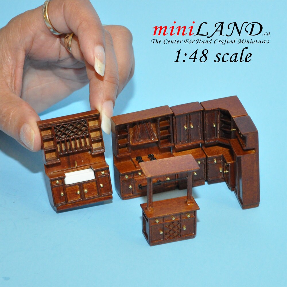 1:48 1/4" quarter scale kitchen set 6pcs wood refrigerator stove sink walnut Q3800SET-NWN