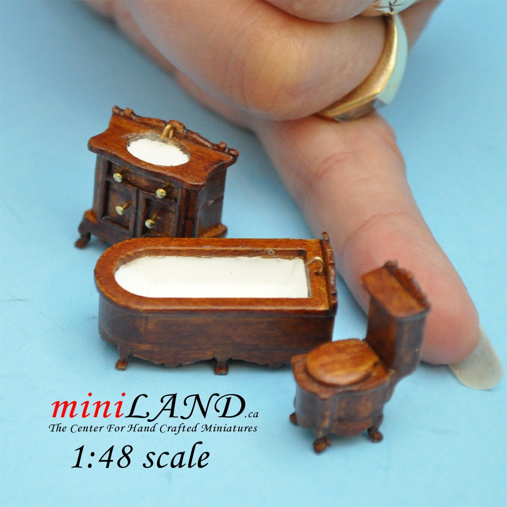 1:48 1/4"  Scale bathroom set Toilet, bathtub, sink 3pcs WALNUT 1/48 Top Quality dollhouse miniature Q1450 WN