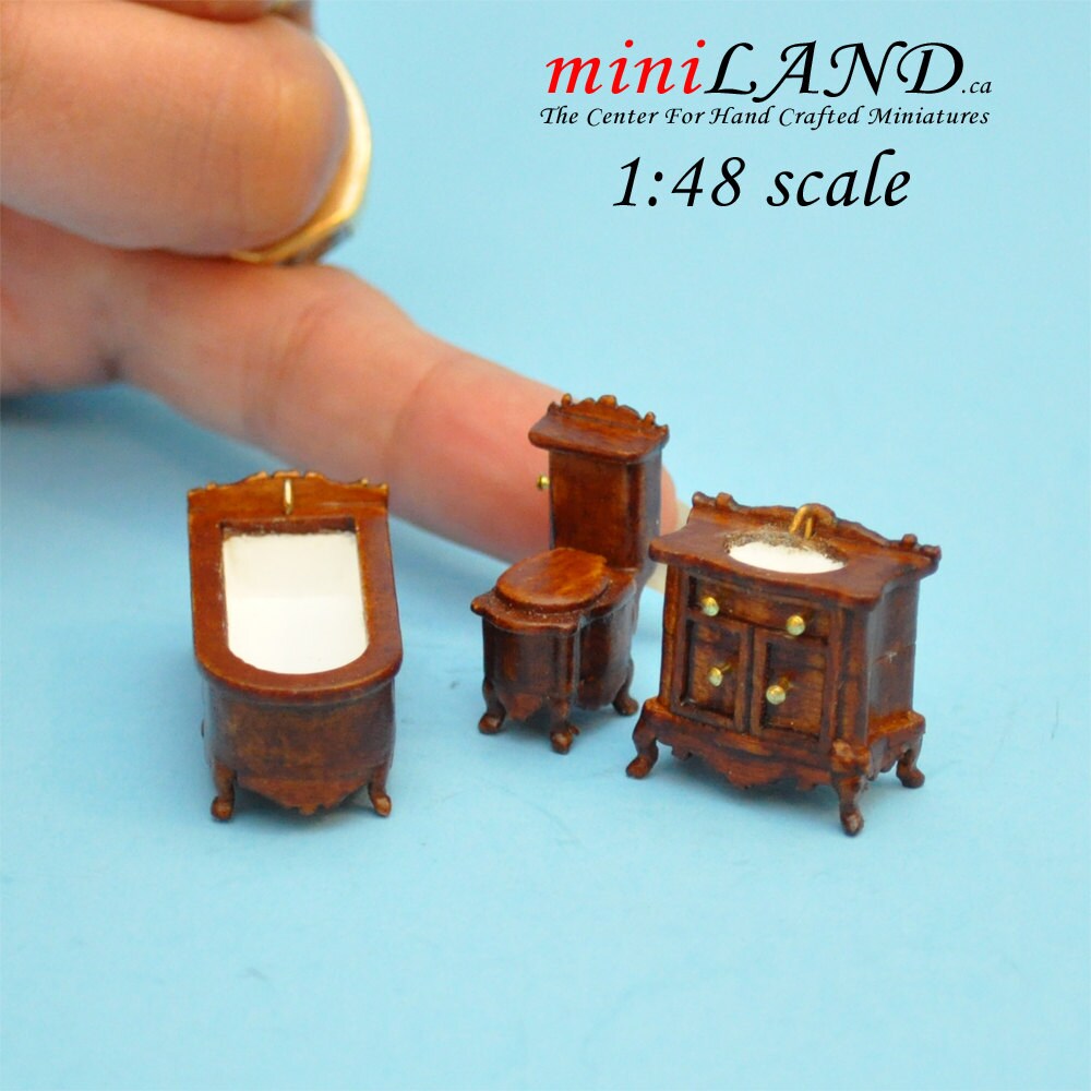 1:48 1/4"  Scale bathroom set Toilet, bathtub, sink 3pcs WALNUT 1/48 Top Quality dollhouse miniature Q1450 WN