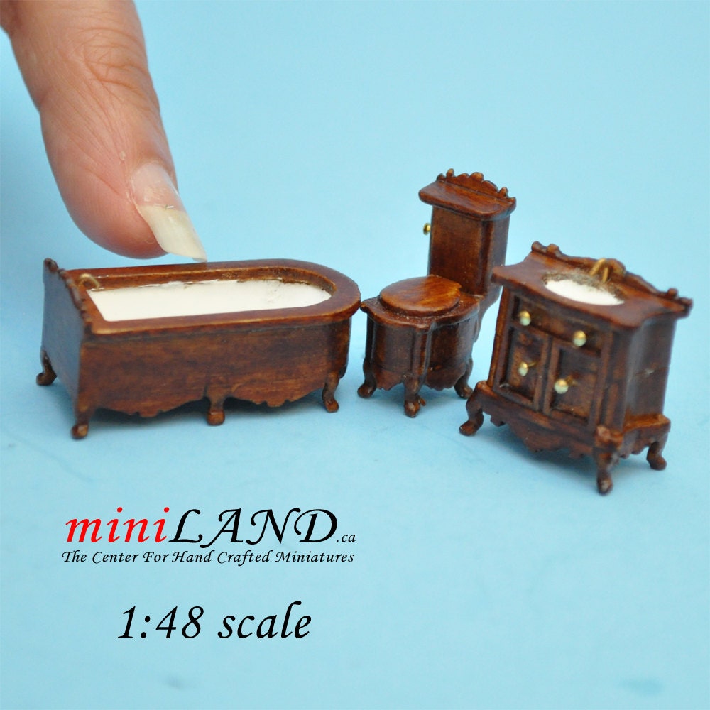 1:48 1/4"  Scale bathroom set Toilet, bathtub, sink 3pcs WALNUT 1/48 Top Quality dollhouse miniature Q1450 WN