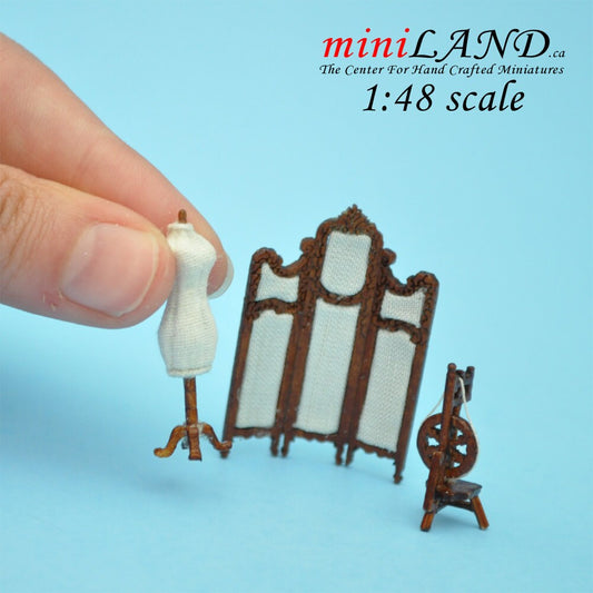 1:48 1/4"  sewing room set 3pcs dress form, screen, Spinning Wheel 1/48 Top Quality Q5286set NWN