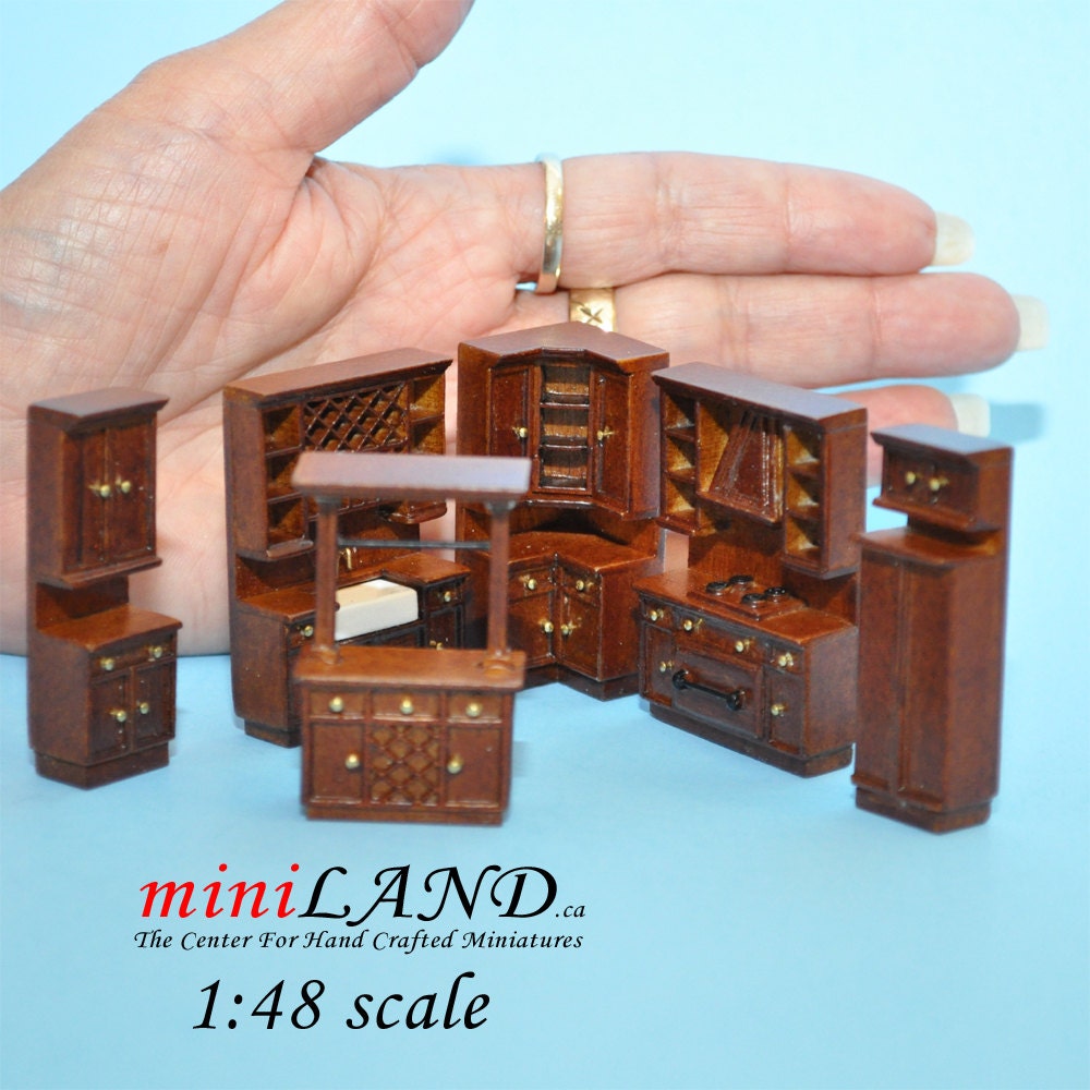 1:48 1/4" quarter scale kitchen set 6pcs wood refrigerator stove sink walnut Q3800SET-NWN