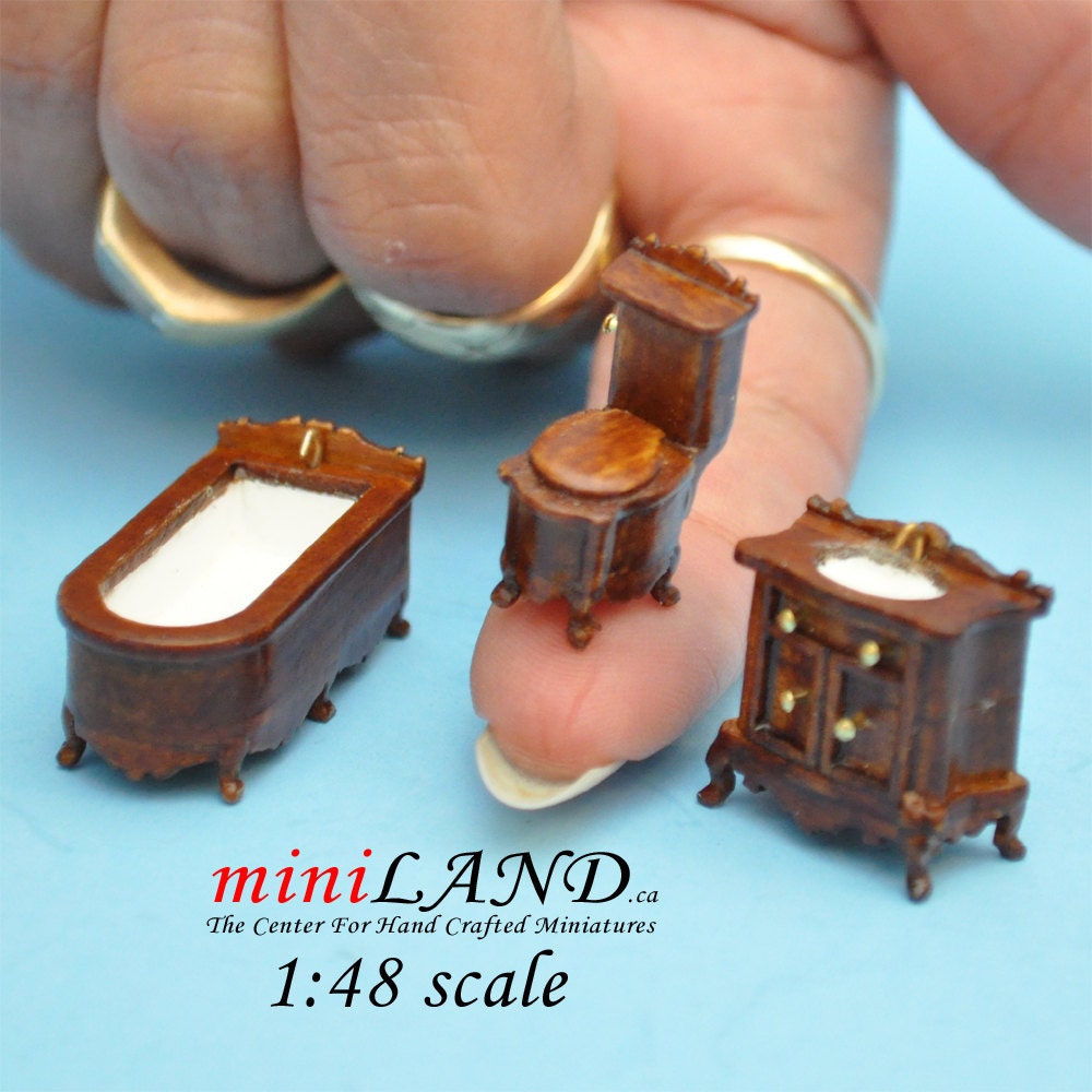 1:48 1/4"  Scale bathroom set Toilet, bathtub, sink 3pcs WALNUT 1/48 Top Quality dollhouse miniature Q1450 WN