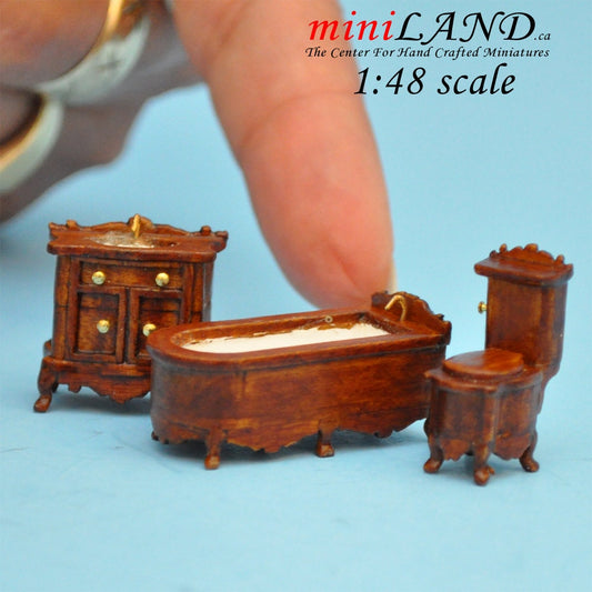 1:48 1/4"  Scale bathroom set Toilet, bathtub, sink 3pcs WALNUT 1/48 Top Quality dollhouse miniature Q1450 WN