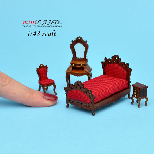 1:48 1/4" quarter scale Victorian bed room set 4pcs Top quality Walnut  dollhouse miniature dresser Q1900set WN