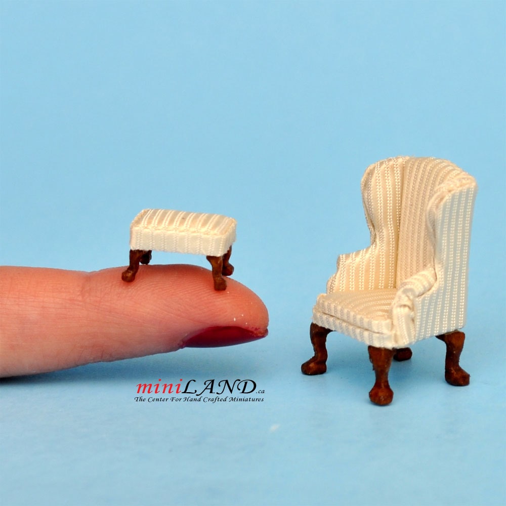 1:48 1/4" Viertelmaßstab Queen Ann Sessel und Hocker Set 2 Stück Top Qualität Weiße Puppenhaus Miniatur Q2315 A